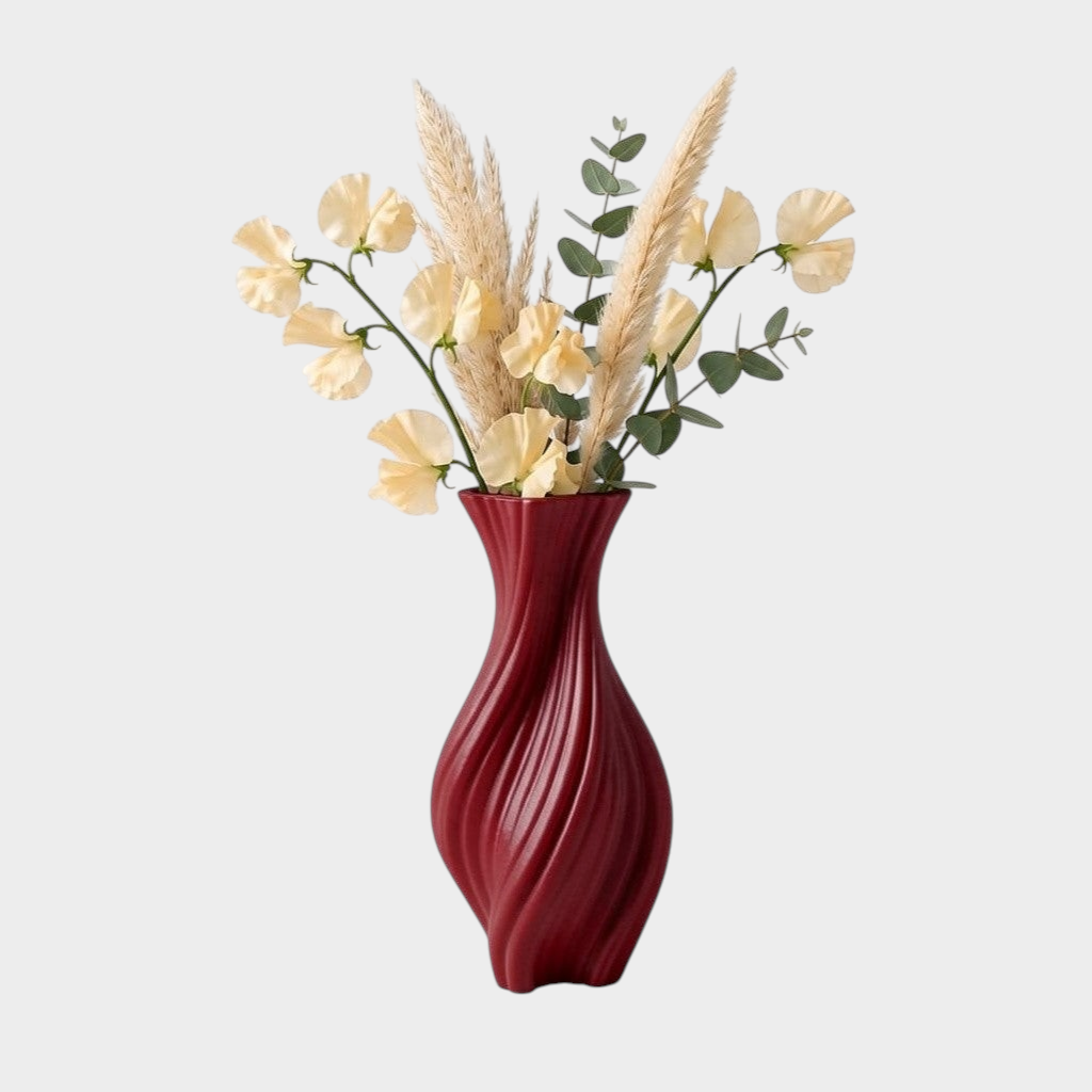 ZEMU Twist 3D baskı bordo vazo, kıvrımlı çizgileri ve zarif silüetiyle çiçeklerle süslenmiş modern dekoratif obje.