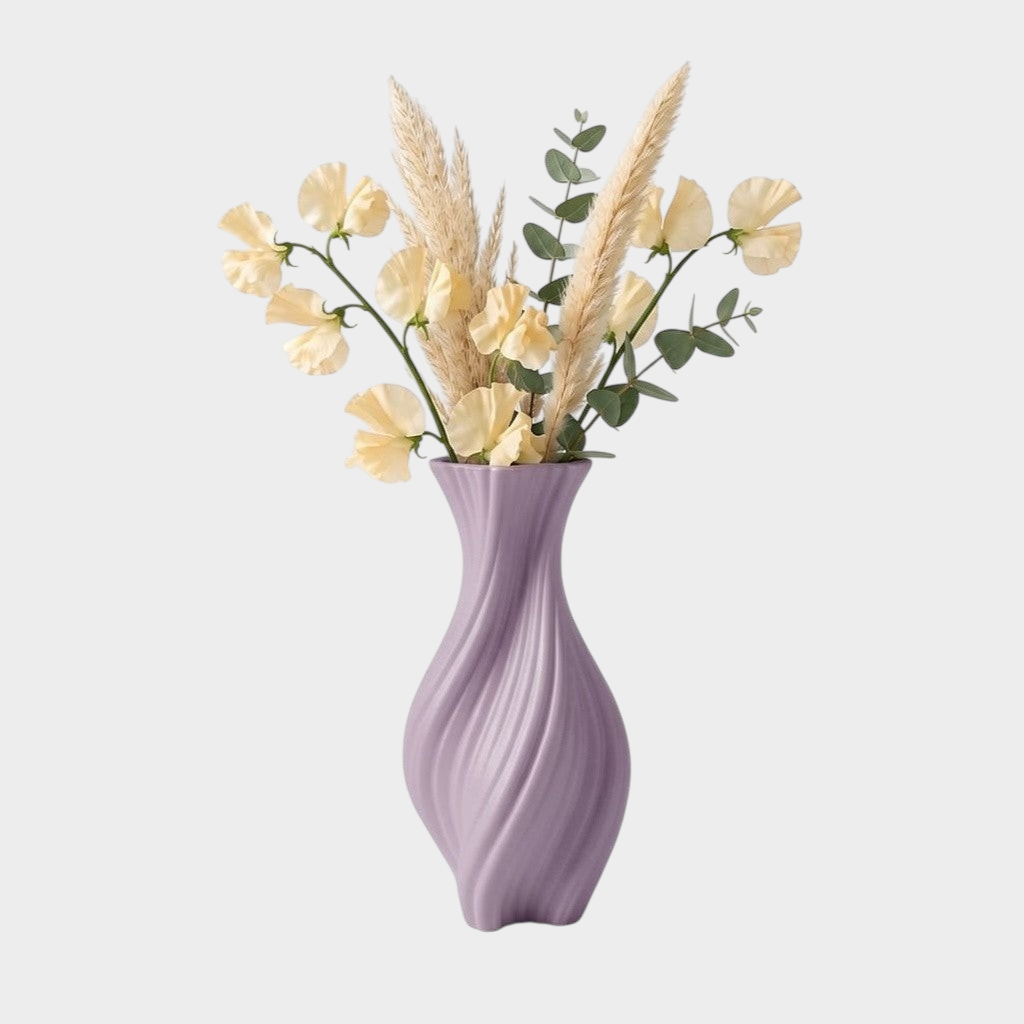 ZEMU Twist model, kıvrımlı yüzey detayına sahip, çiçeklerle süslenmiş lila renkli modern 3D baskı dekoratif vazo.