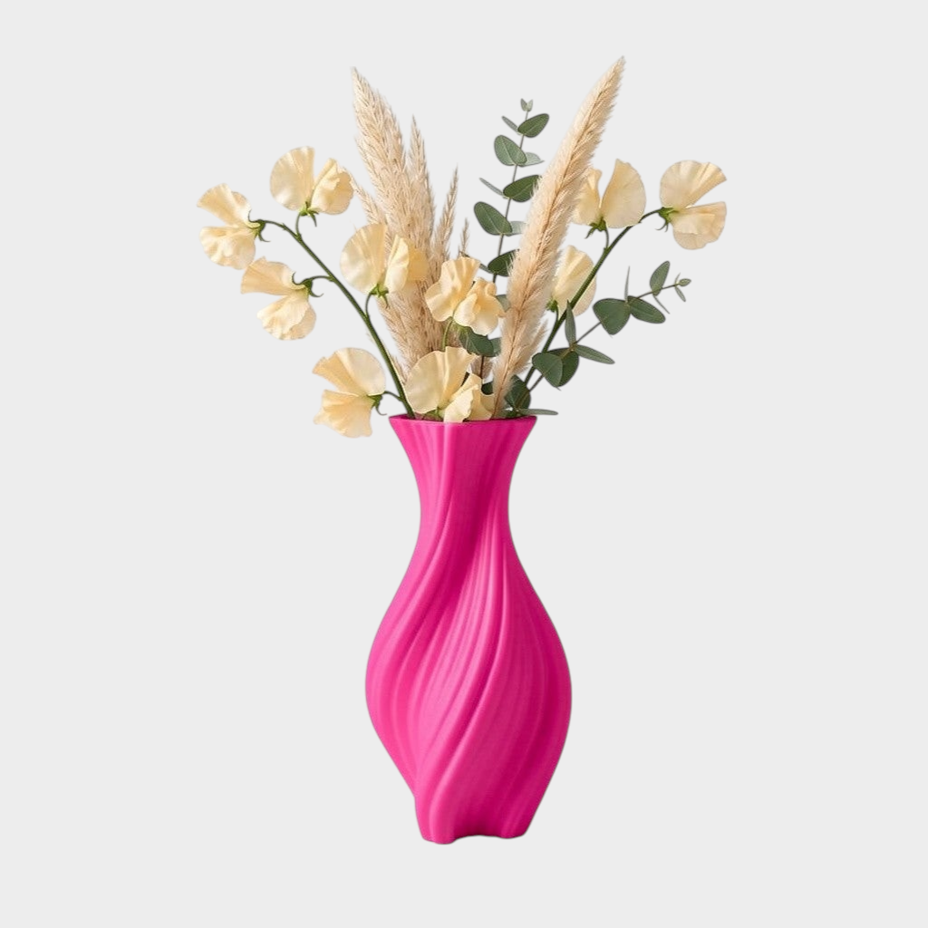 ZEMU Twist model, kıvrımlı yüzeye sahip, canlı pembe renkli, 3D baskı dekoratif vazo ve içinde kuru çiçekler.