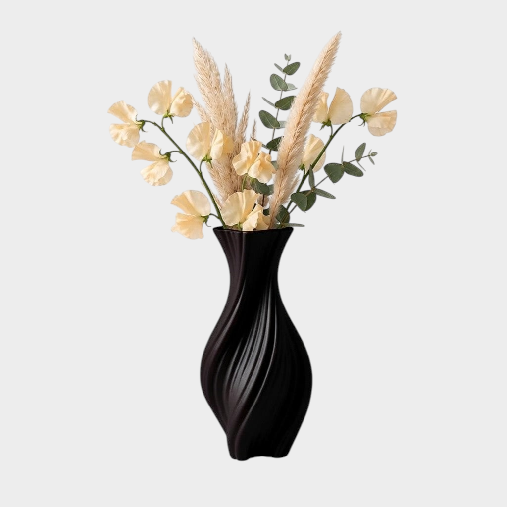 ZEMU Twist 3D baskı siyah vazo, kıvrımlı yüzey detayına sahip modern dekoratif çiçek vazosu.
